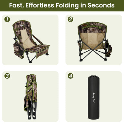 SUNNYFEEL Portable Low Profile Hunting Chair for Ground Blind, Lightweight Folding Turkey Hunting Chair with Silent Steel Frame, No-Sink Feet & Carry Strap, Camo Hunting Seat