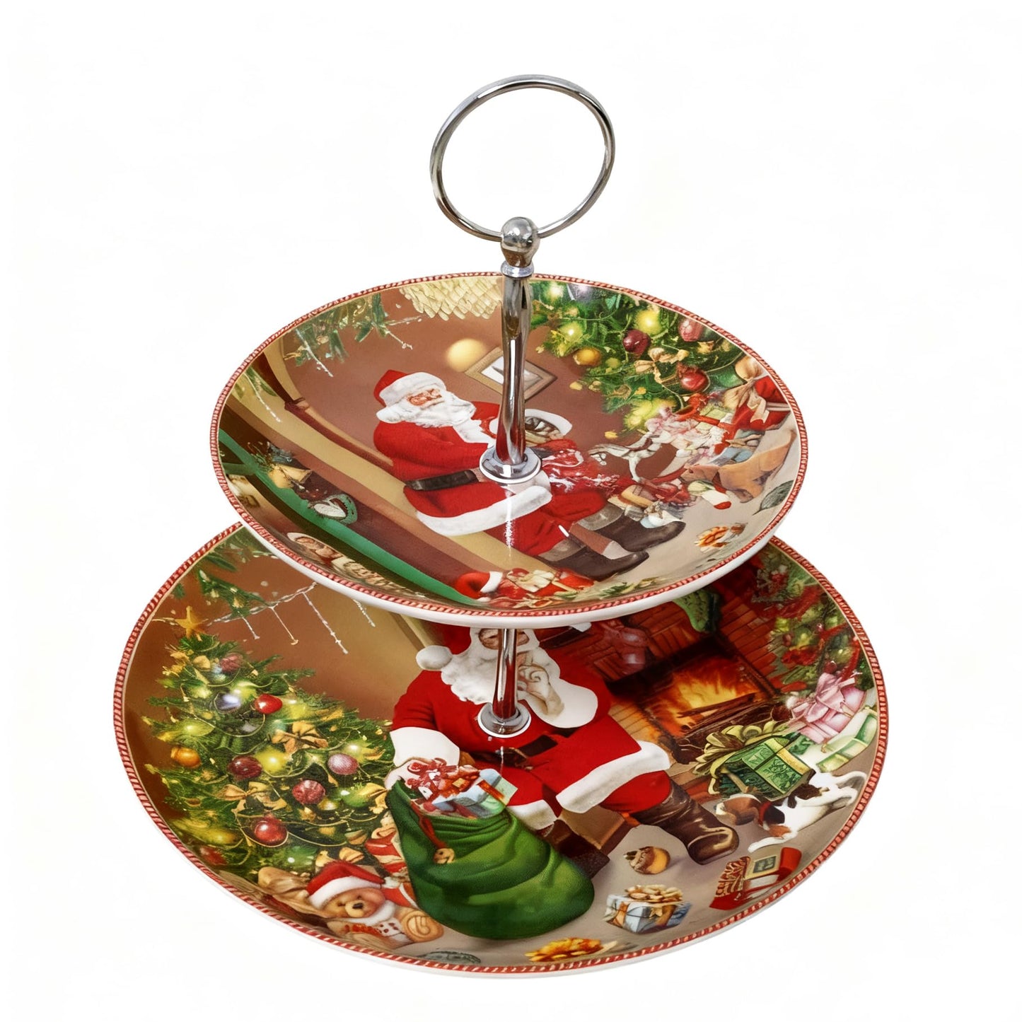 2-Tier Red Round Porcelain XMAS Cake Fruit Stand Plate with Gift Box, Cupcake Serving Display Set, Ceramic Pastry Tray Towers Platter for Dessert Appetizer Candy Buffet for Home Party (Christmas Man)
