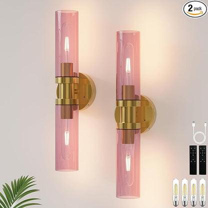 Rechargeable Battery Wall Sconce Set of Two, 8000mAh Cordless, Dimmable, Timer, Remote, Touch Control, USB-C Charging for Living Room, Bedroom Gold with Wine Red Lampshade (Include 4 Special Bulbs)