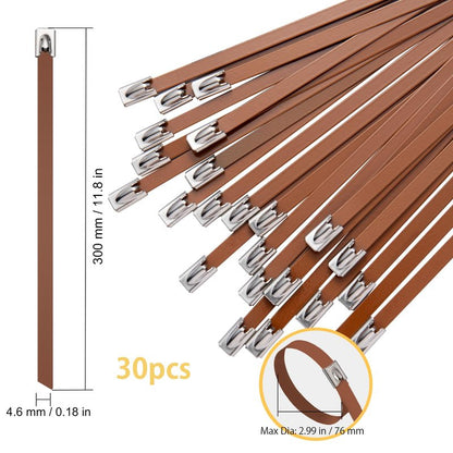 SCITOOLS Metal Zip Ties Brown 11.8-Inch 304 Stainless Steel Zip Ties Heavy Duty, 270LBS Tensile Strength, Wire Multifunctional Locking Exhaust Wrap Flexible Durable 30 PCS