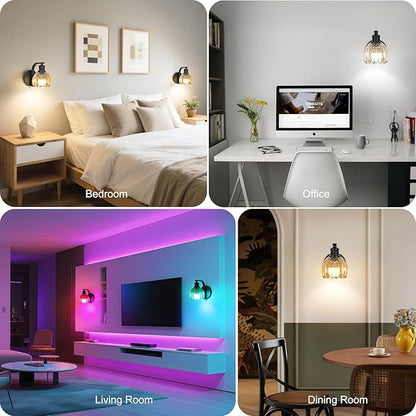 Rechargeable Battery Operated Wall Sconce with Amber Glass Lampshade, Wireless Wall Scone Decor with Remote Control, 15 Colors Black Wall Light for Bedside Hallway Bedroom Doorway