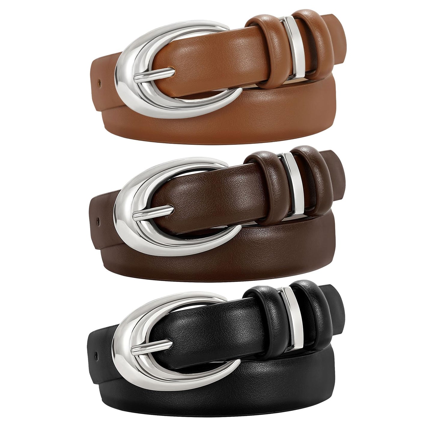 TRIWORKS 3 Pack Women Leather Belt for Jeans Pants Fashion Ladies Faux Leather Belt with Silver Buckle