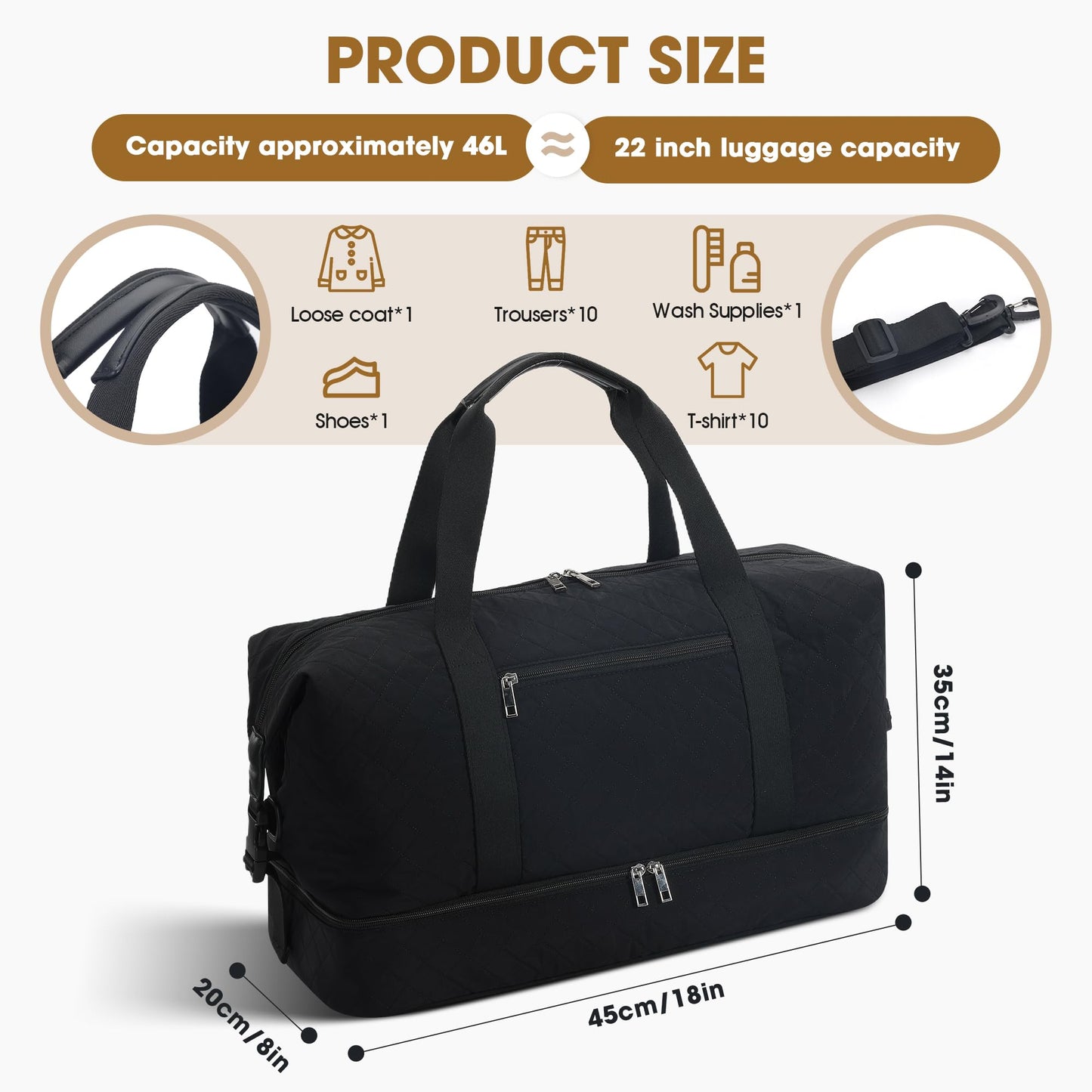 Oeihuivt Weekender Bags for Women with 3 Extra Pack - 21 Inch Large Travel Duffel Bag Set with Shoe Compartment, Heavy-Duty Nylon Carry on Overnight Tote, Black