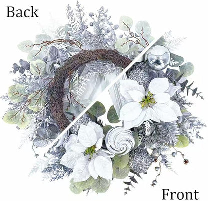 22 inch Christmas Wreath for Front Door, Lifelike Artificial Silver White Christmas Wreath, Green Fake Wreath Used for Wall, Window, Porch, Farmhouse, Indoor and Outdoor Home Decoration