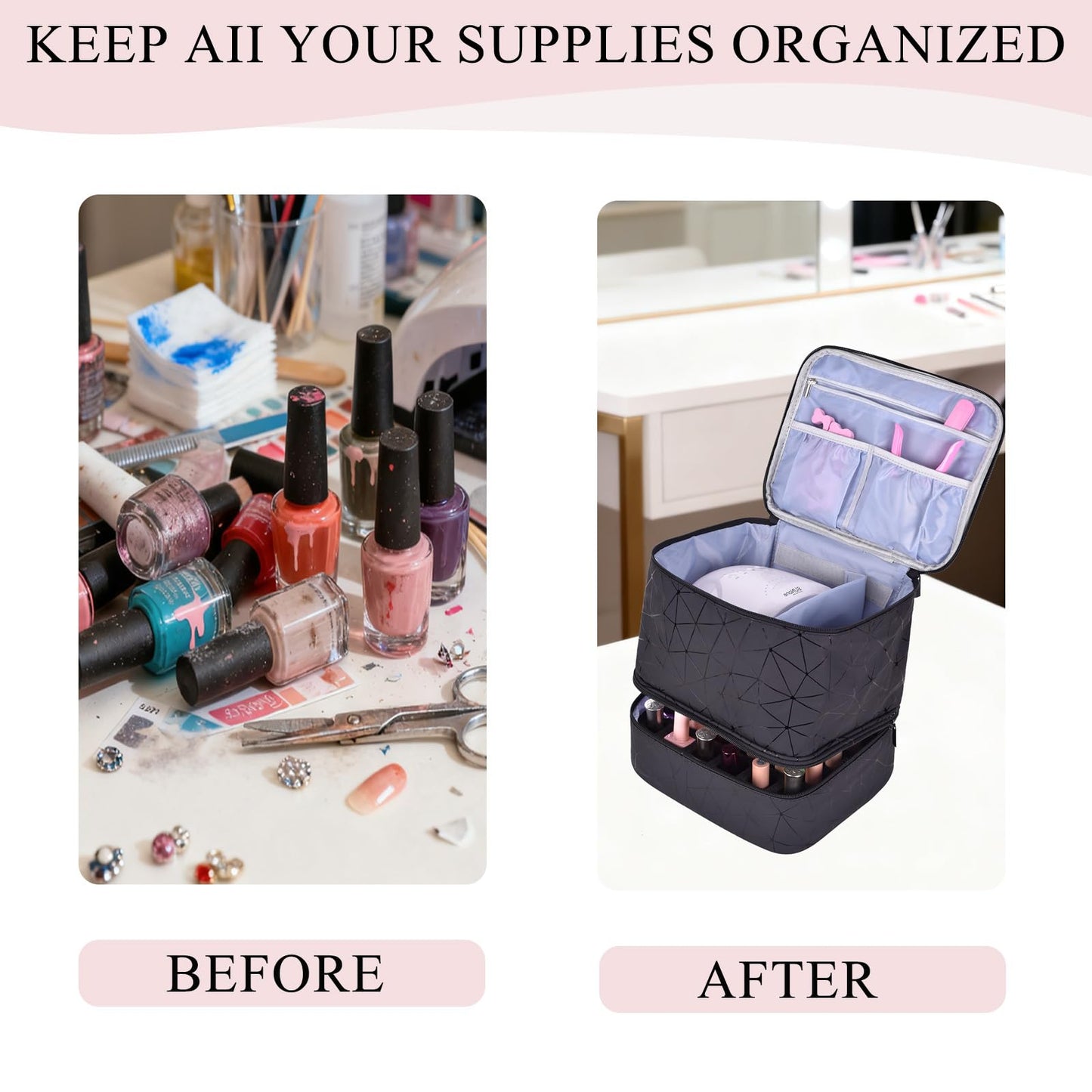 RZMAYIS PU Leather Nail Polish Organizer, Double Layer Nail Polish Storage Holds 30 Bottles (15ml/0.5fl.oz) & Nail Lamp, Portable Nail Bag Organizer Case for Nail Tech Travel & Manicure Kit