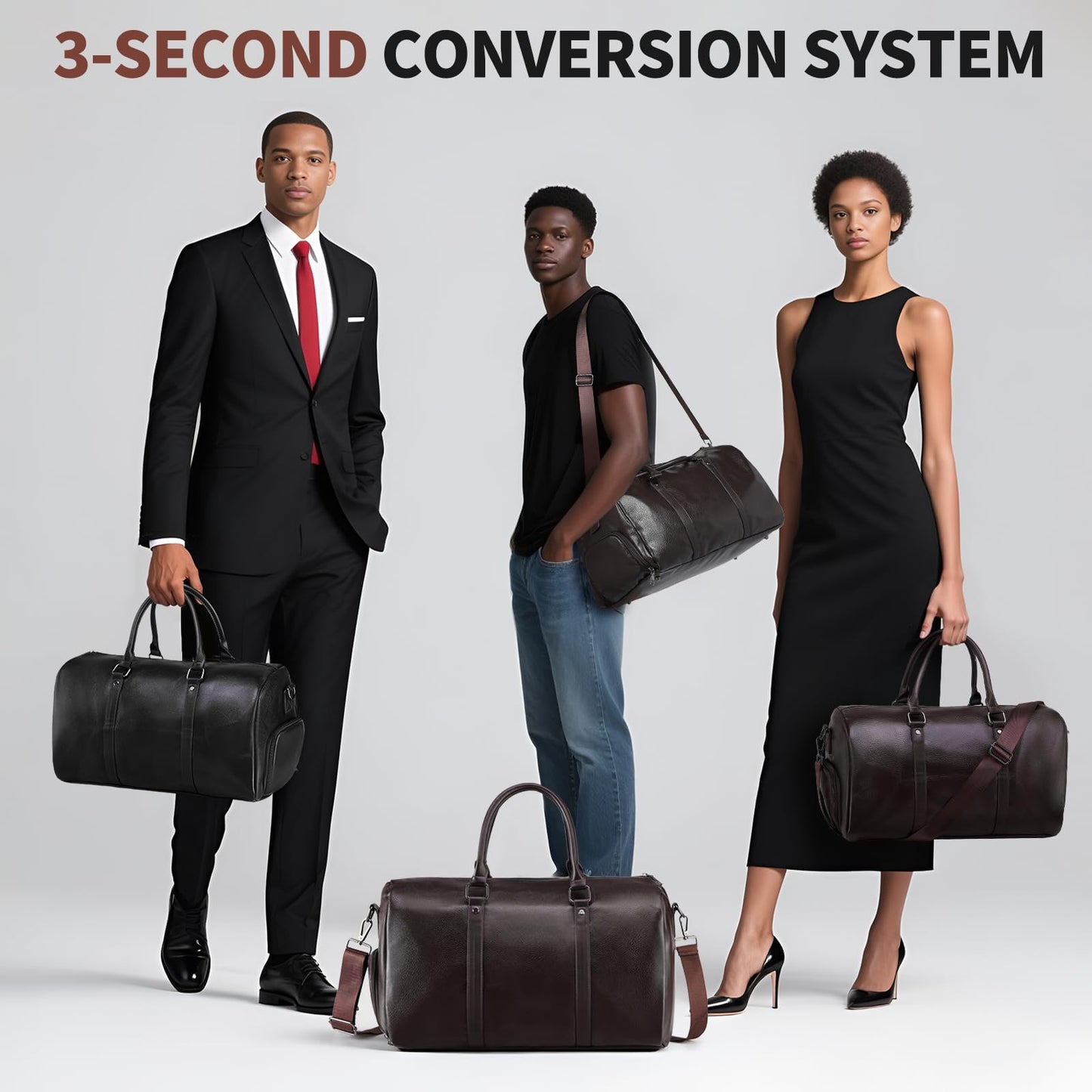 SUIKIHUM Leather Travel Duffle Bag for Men Women, Stylish Water-Repellent Overnight Bag W/Shoe Pouch for Business Sport Gym, Brown