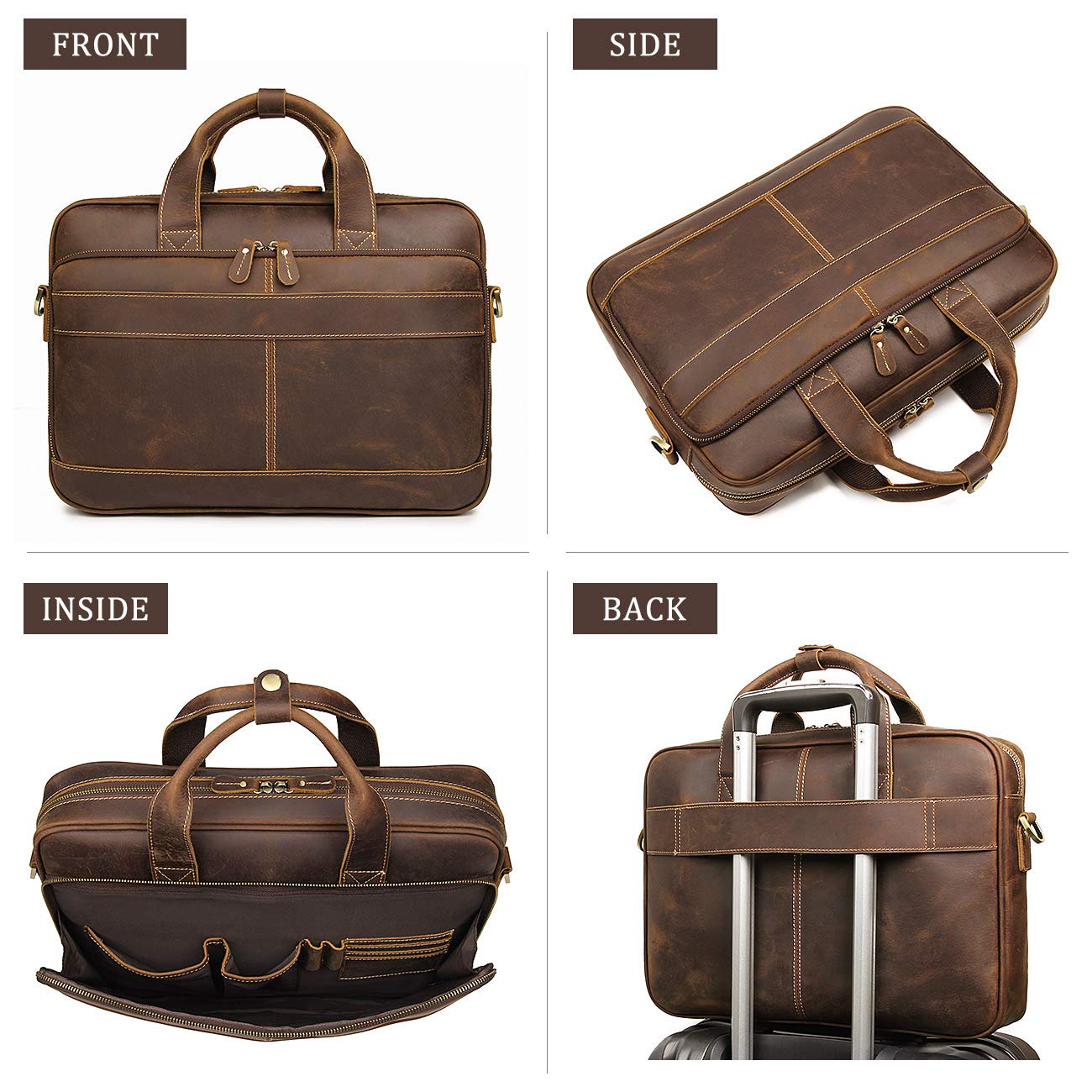 Augus Leather Briefcase for Men16 inch Laptop Bag Genuine Full-Grain Leather Messenger Shoulder Bag YKK Zipper Work Travel Brown