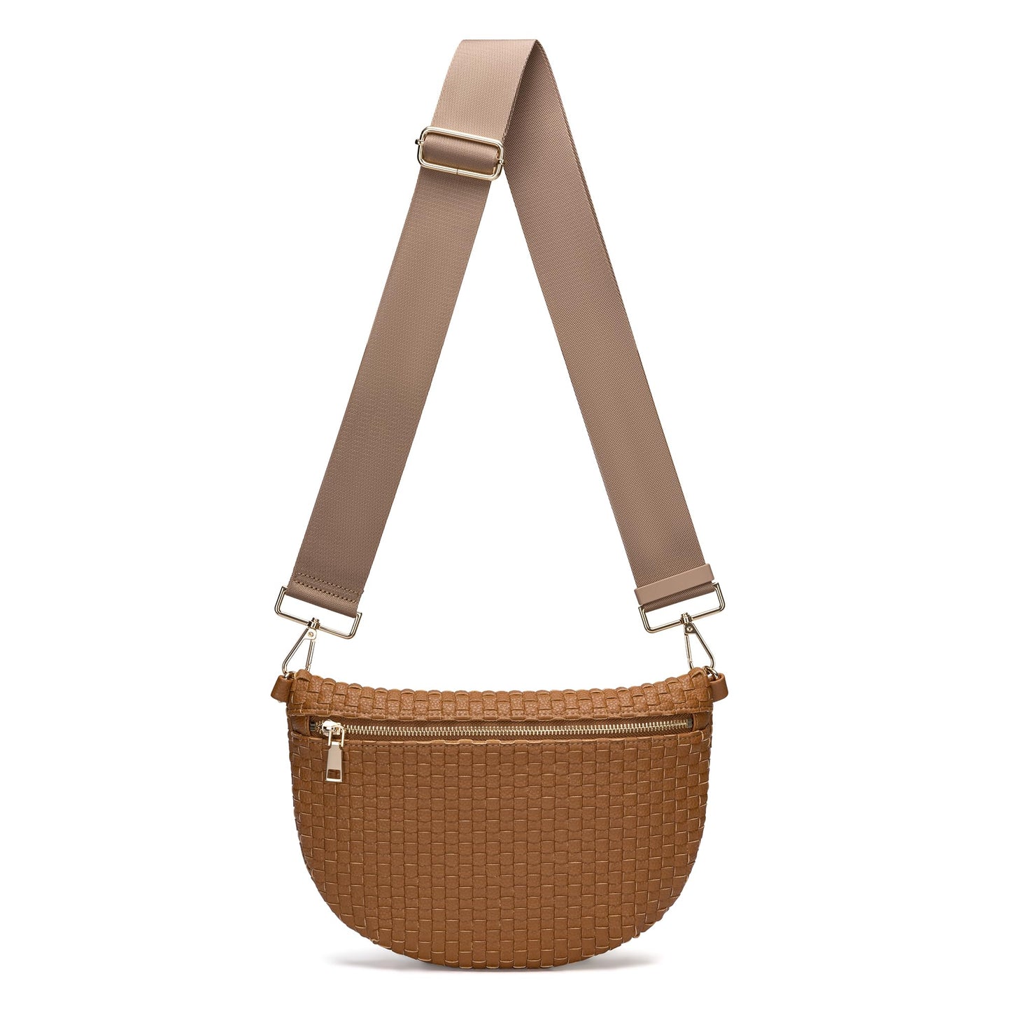 AMZFROG Woven Crossbody Bag for Women Stylish Casual Oversized Bum Bag Sling Purses Vegan Leather Fanny Pack Chest Bag with Adjustable Strap for Outdoor Travel Brown