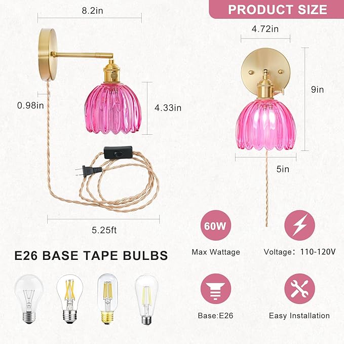 Plug in Wall Sconce, Vintage Sconce Light with Tulip Ruby Red Glass Lampshade, 180° Adjustable Wall Sconce with Switch and Plug in Wall Lamp Cord, Gold Wall Light for Bedroom Bedside