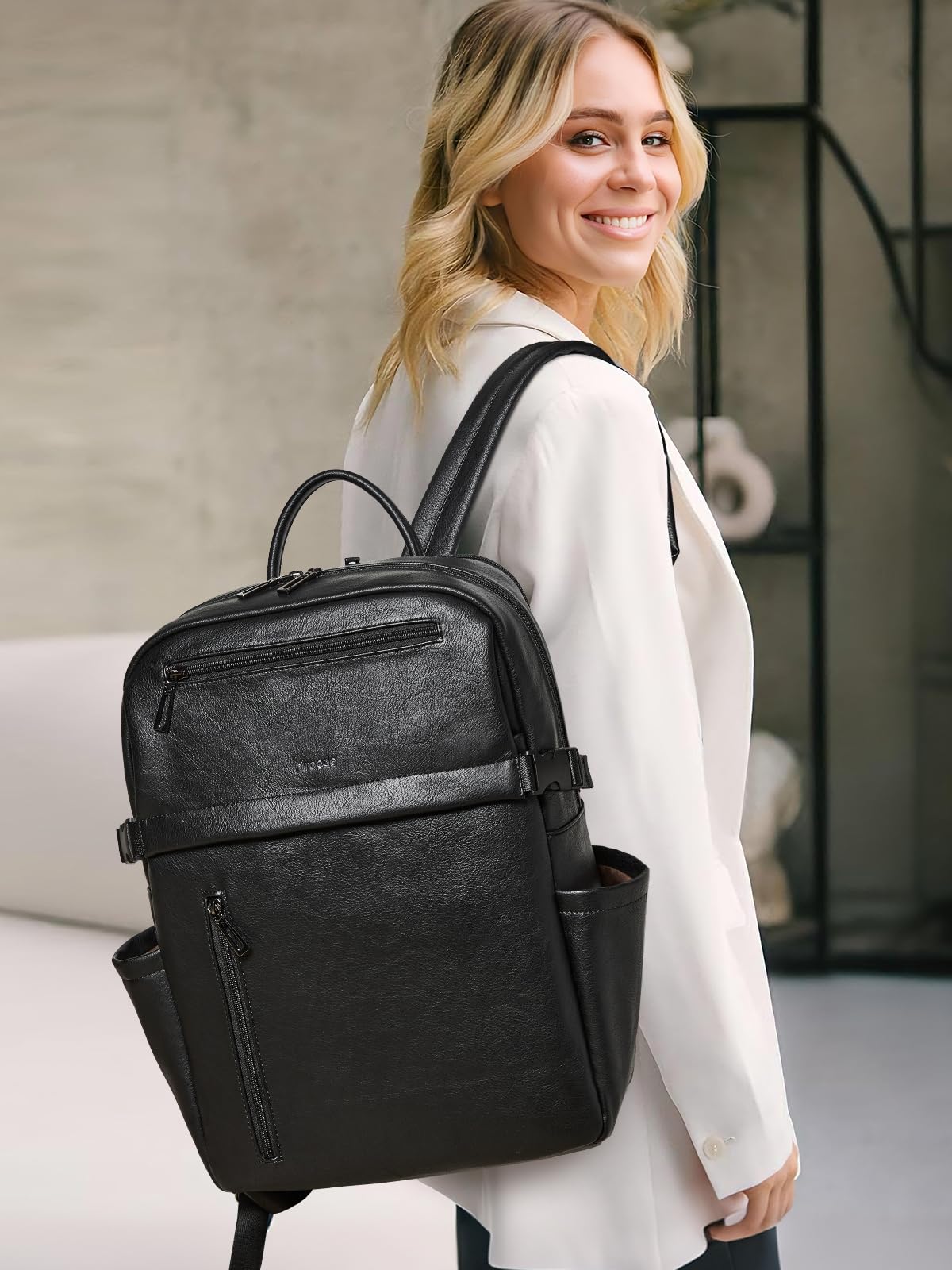 Mroede Leather Laptop Backpack for Women, 15.6 Inch Laptop Travel Backpack Purse Large Capacity Computer Bag, Casual Daypack Nurse Bag College Bookbag for School, Black