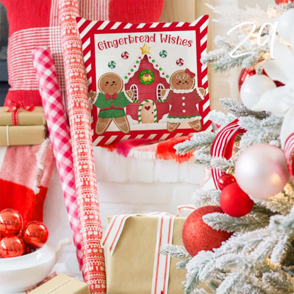 PANDICORN Christmas Pillow Covers 16x16 Set of 4 Gingerbread Man House Candy Cane Christmas Decorations Hot Cocoa Red Green Winter Holiday Decorative Throw Pillow Case for Home Couch Bedroom Decor