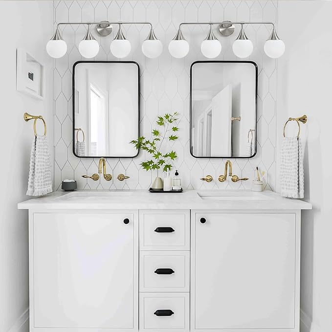 Bathroom Vanity Light Fixtures: 4 Lights Mid Century Modern Bathroom Lighting Fixtures Over Mirrors - Brushed Nickel Wall Sconce with Milky Glass Ball Shades for Bath Bedroom