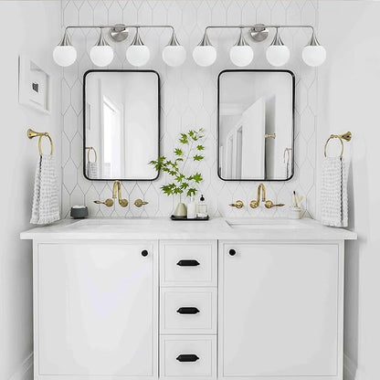 Bathroom Vanity Light Fixtures: 4 Lights Mid Century Modern Bathroom Lighting Fixtures Over Mirrors - Brushed Nickel Wall Sconce with Milky Glass Ball Shades for Bath Bedroom