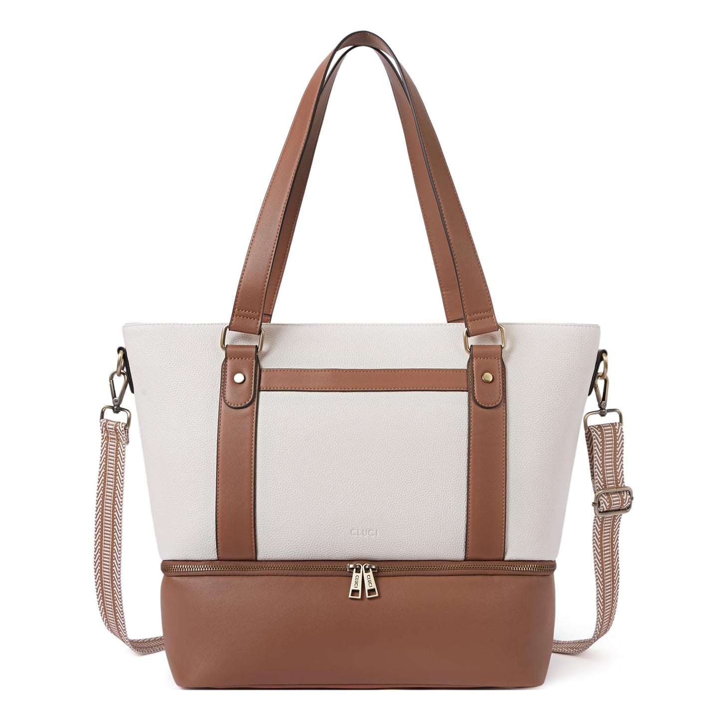 CLUCI Travel Leather Duffel Bag Weekender Bag for Women Carry on Overnight Bag Beige with Brown