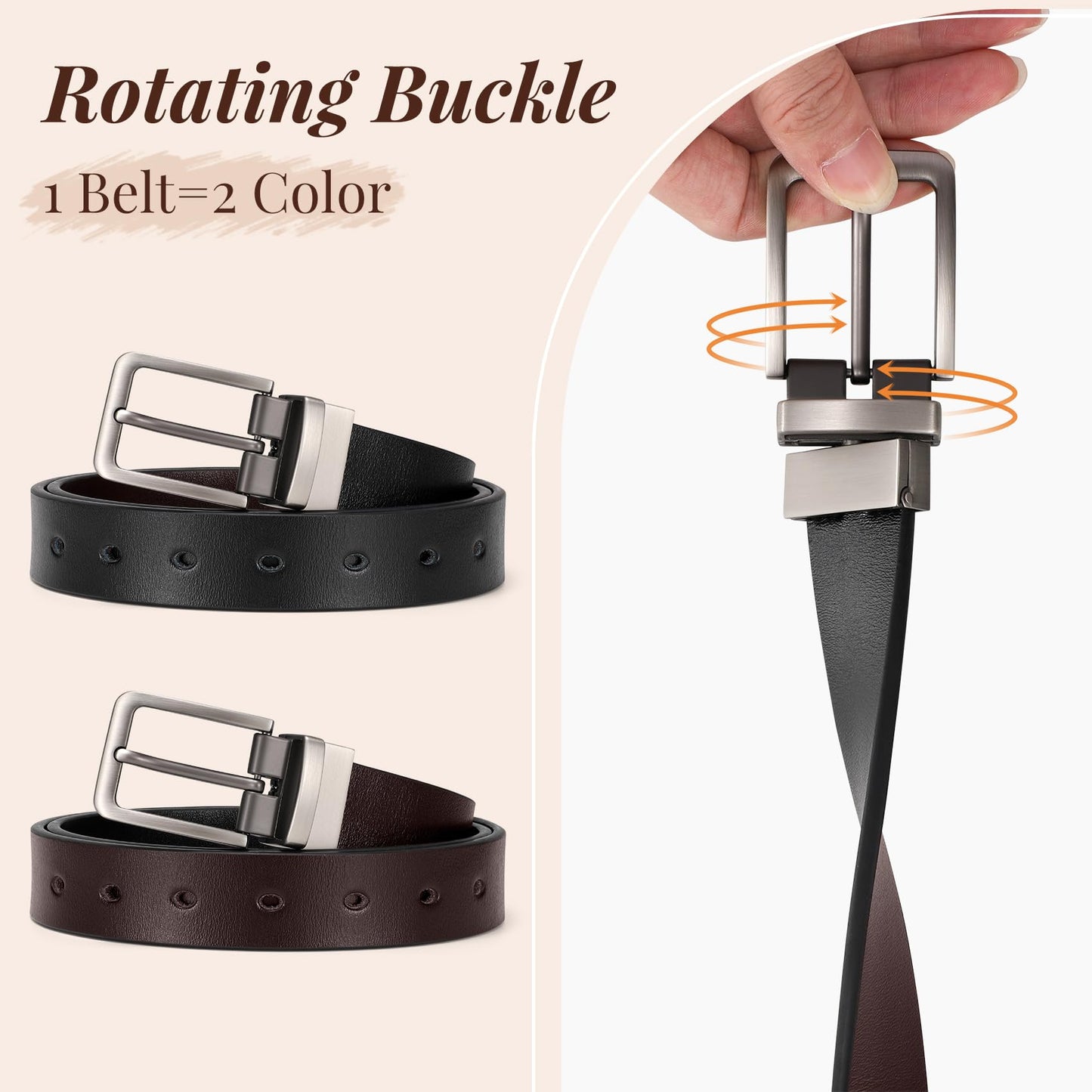 XZQTIVE Reversible Leather Belts for Women with Rotated Metal Buckle Fashion Women Belts(1 Pcs Black/Brown)