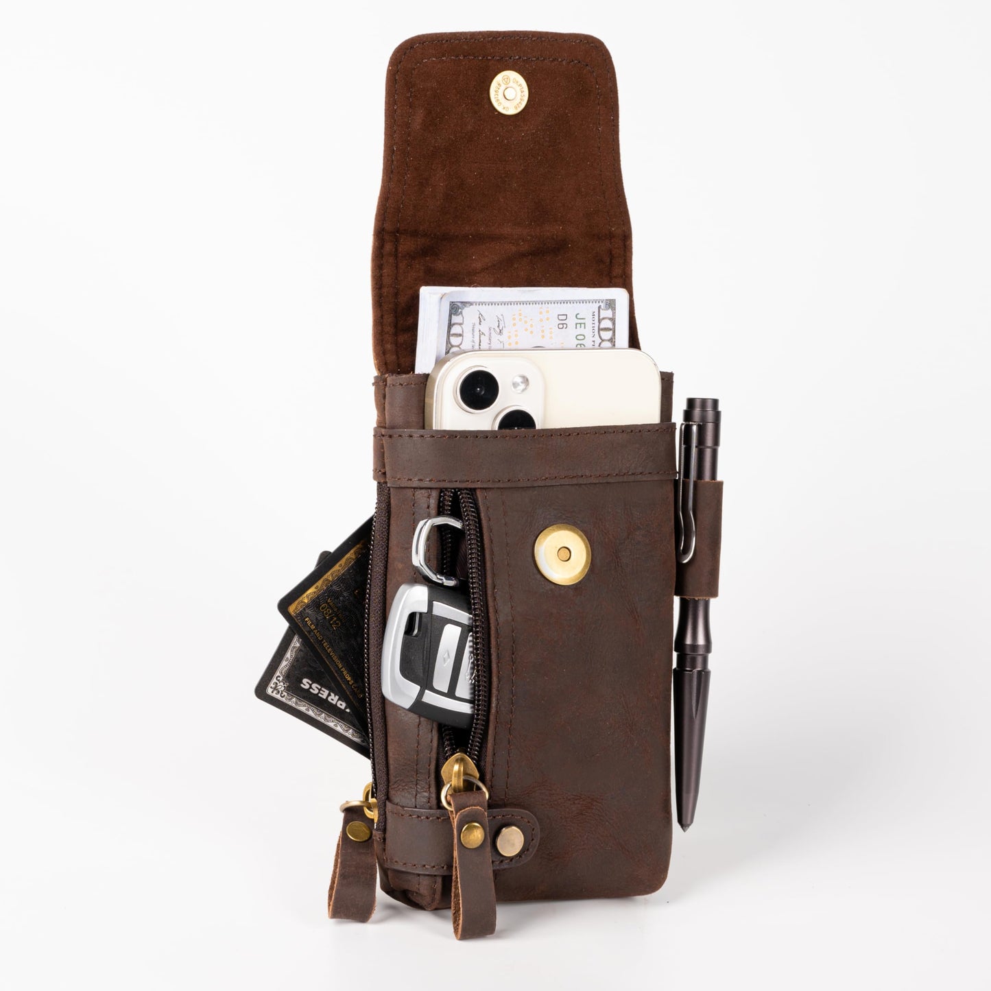 Ariscobull - Leather Phone Holster - Genuine Full-Grain Buffalo Leather Cell Phone Holsters - for iPhone 16, 15, 14, 13pro, Galaxy S24, S23, S22-7”H X 3.5" W (Dark Browm)