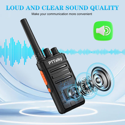 PTTalky FR1 Plus Walkie Talkies Long Range, Hidden Display Rechargeable 2 Way Radio for School Business Warehouse Restaurant (Black, 6 Pack)