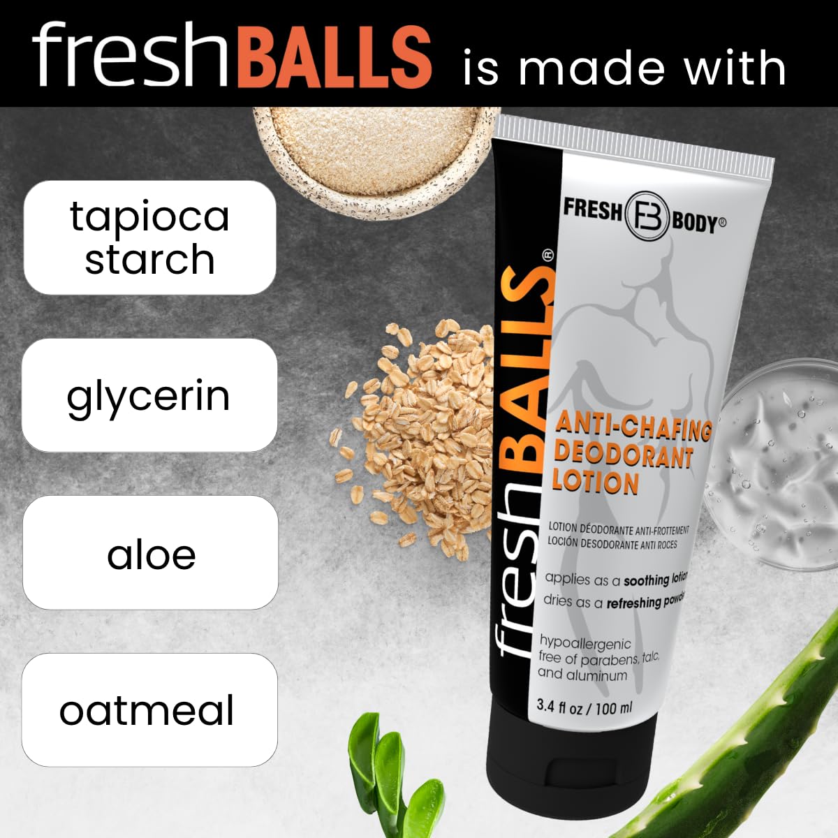Fresh BALLS Cream - Men's Anti-Chafing Comfort Soothing Lotion to Powder - Ball Deodorant and Hygiene for Groin Area - The Original Anti Friction Cream for Men, 3.4 fl oz