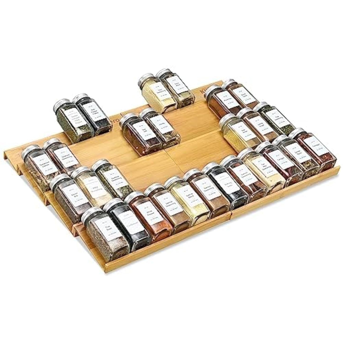 Spice Drawer Organizer with 24 Spice Jars and 216 Labels,Non-slip Rubber, Bamboo 4 Tier Spice Racks Tray Seasoning Containers for Kitchen Drawers,Cabinets,Countertops,13" Wide * 15.8" Deep