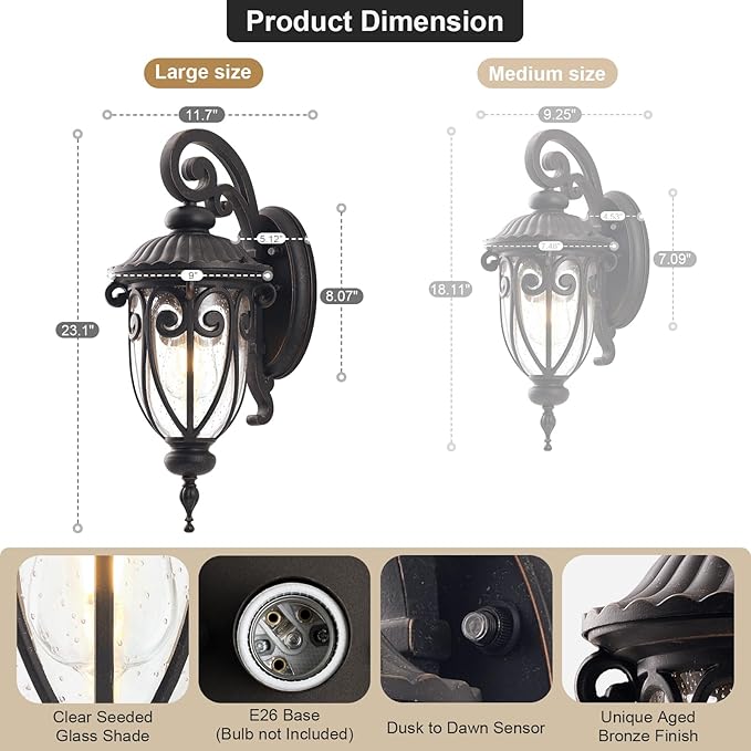 23 Inch Large Dusk to Dawn Outdoor Porch Lights for Garage, 2 Pack Bronze Wall Lantern with Photocell Sensor, Exterior Wall Light Fixture with Seeded Glass for House, Aluminium