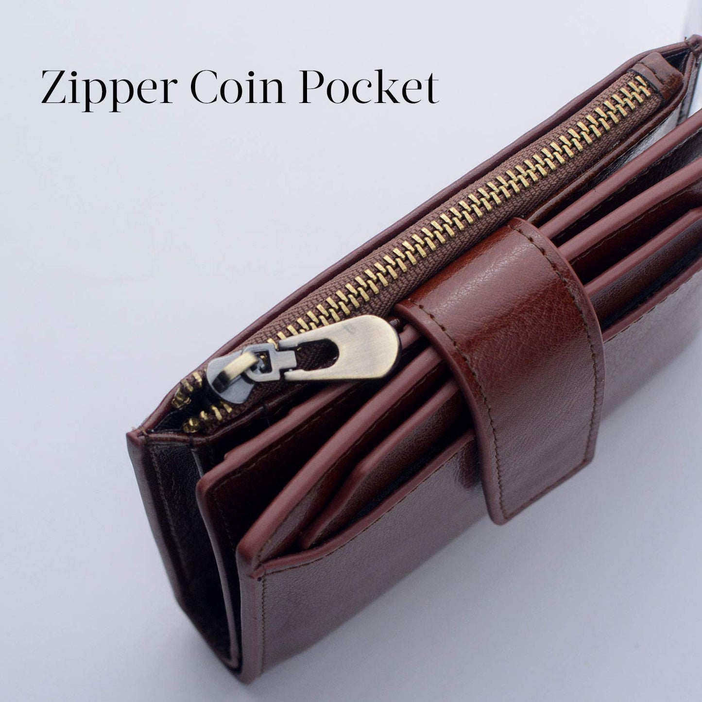 Bveyzi Women's Small Leather RFID Blocking Bifold Zipper Pocket Wallet Ladies Credit Card Slots Purse with id Window(Coffee)