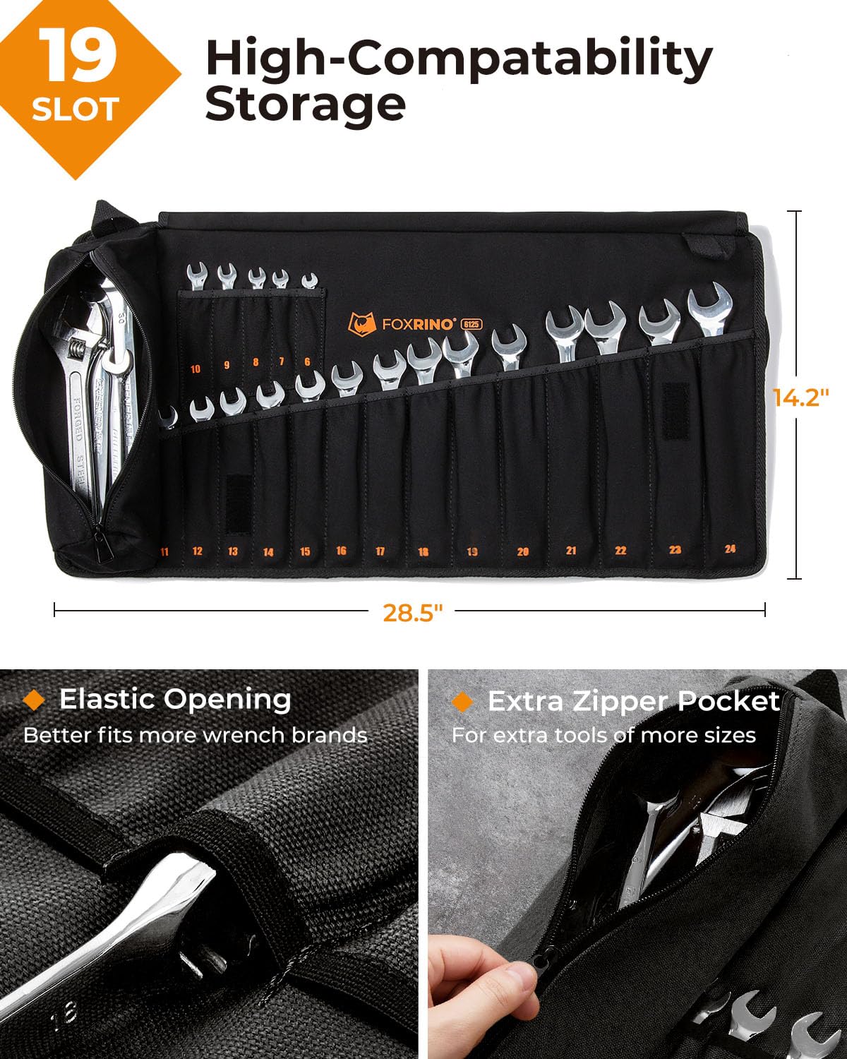 Foxrino Wrench Roll, Wrench Roll Up Pouch, 19-Pocket Heavy Duty Canvas Wrench Organizer Bag for Metric Combination Wrenches, Portable Tool Roll Bag, Gifts for Men for Fathers Day(Black, 19+1 Metric)