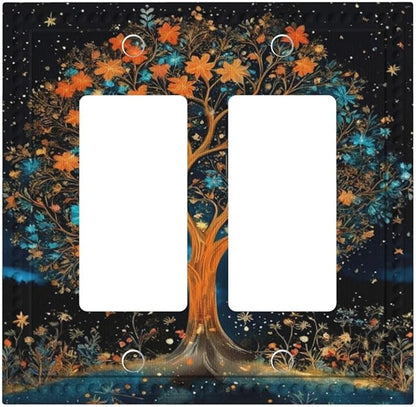Magical Life Tree in Night Sky Dual Outlet Covers Wall Plate 2 Gang Rocker Decora Decorative Switchplate Electrical Faceplate GFCI Light Switch Covers for Farmhouse Living Decor