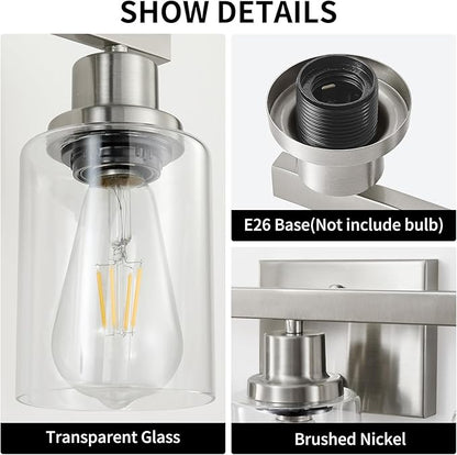 3-Light Bathroom Light Fixtures, Nickel Bathroom Vanity Light with Clear Glass Shade, Modern Bathroom Wall Lights Over Mirror, Farmhouse Wall Sconces Lighting for Bedroom Living Room
