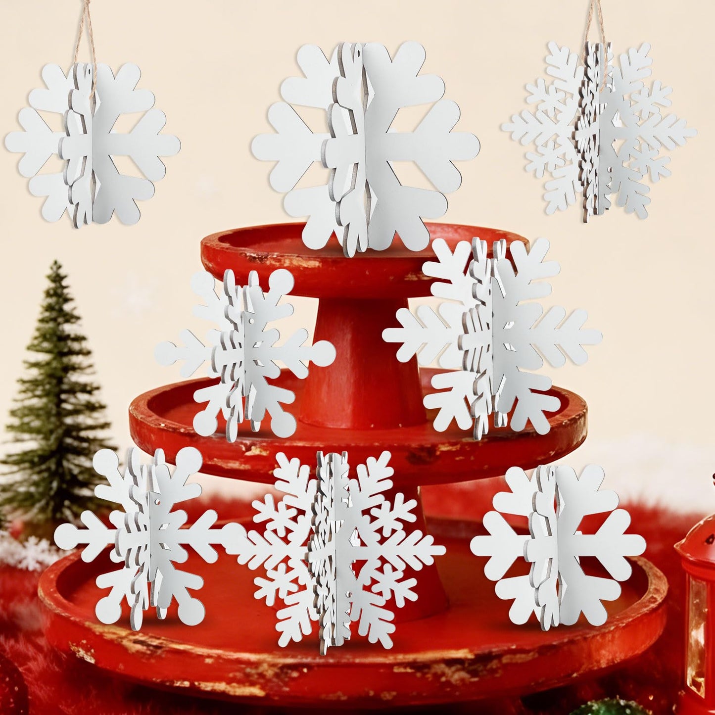 24 Pcs Snowflake Table Decorations 3D Winter Wooden Snowflake Table Centerpiece Hanging Signs Tabletop for Winter Wonderland Decoration Home Tiered Tray Holiday Party Supplies(White)