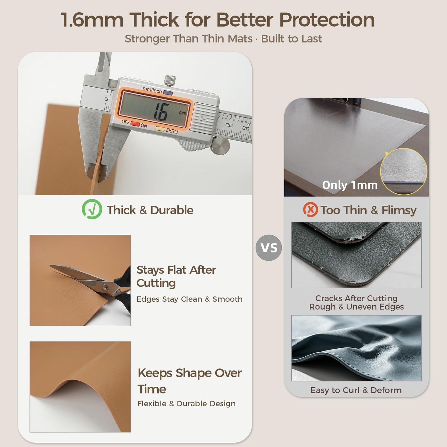 Promattoo 1.6mm Thick Leather 17x54 Inch Non-Slip Mat, Waterproof Countertop Protector, Dinner Table Runner/Cabinet Top Cover, Caramel Brown