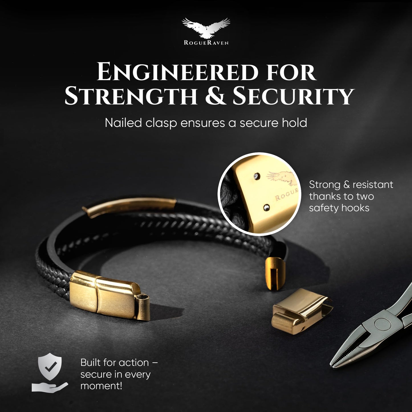 RogueRaven Black Leather Bracelet for Men – Premium Collection – Brown Black Gold Silver | Genuine Leather Mens Bracelet with Stainless Steel Clasp [Adjustable] | In Luxury Gift Box