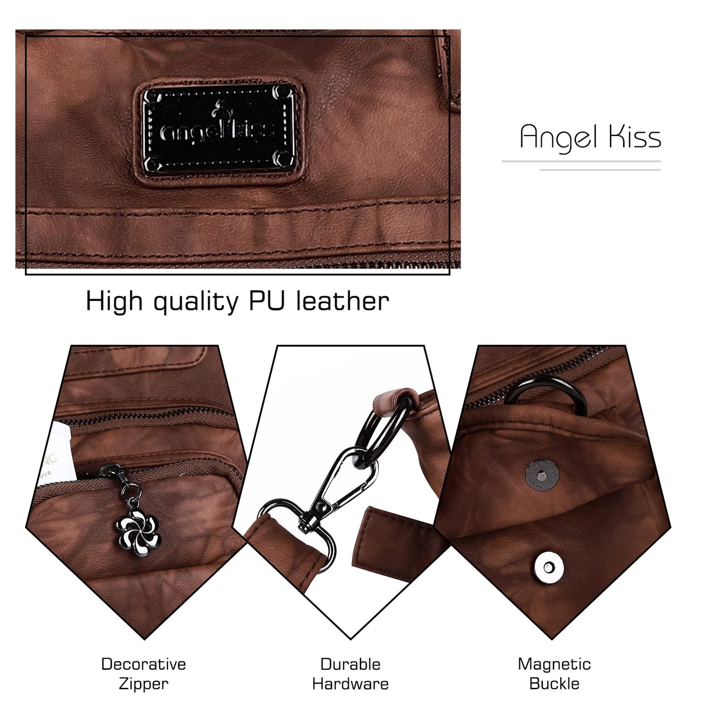 Angel Kiss Large Purses for Women Soft PU Leather Hobo Bag for Women Shoulder Bag Brown