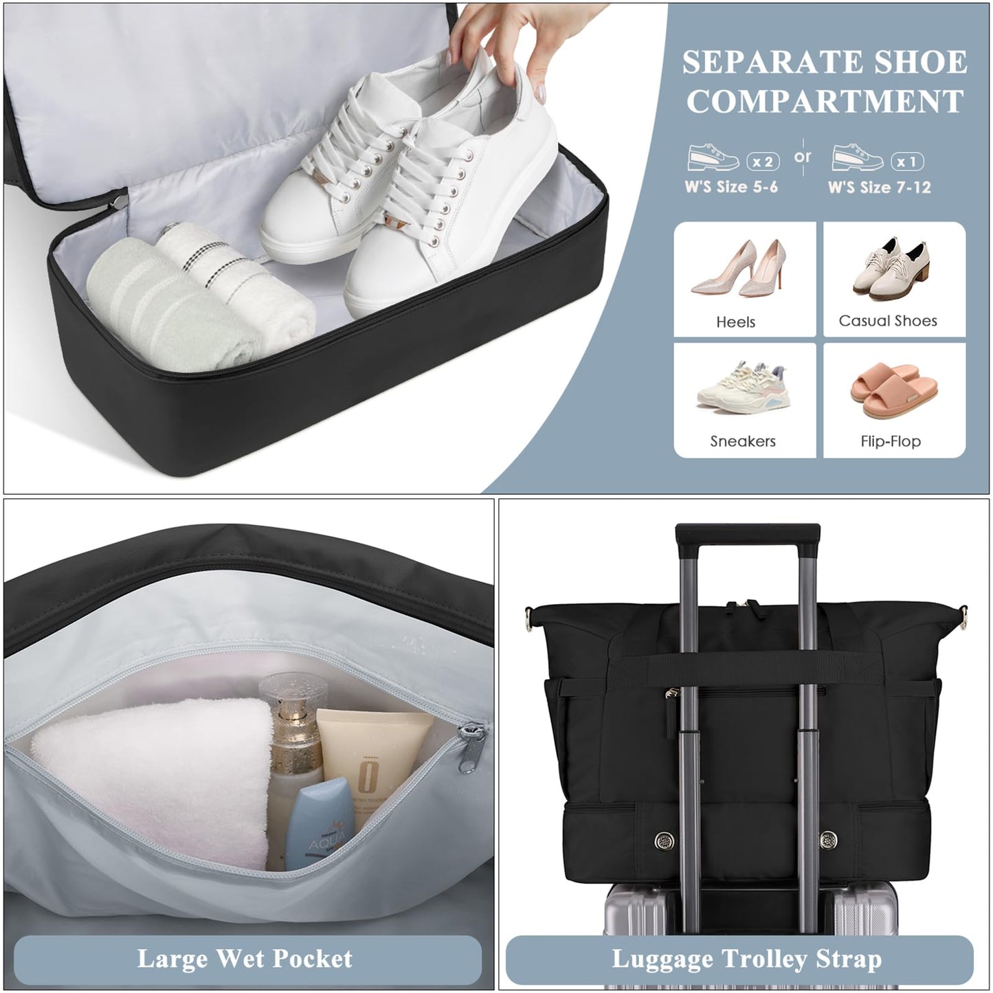 ETRONIK Gym Bag for Women, Personal Item Travel Bag with Shoes Compartment, Weekender Overnight Duffel Bag with Wet Pocket, Carry On Bag for Women, Travel, Gym, Weekend
