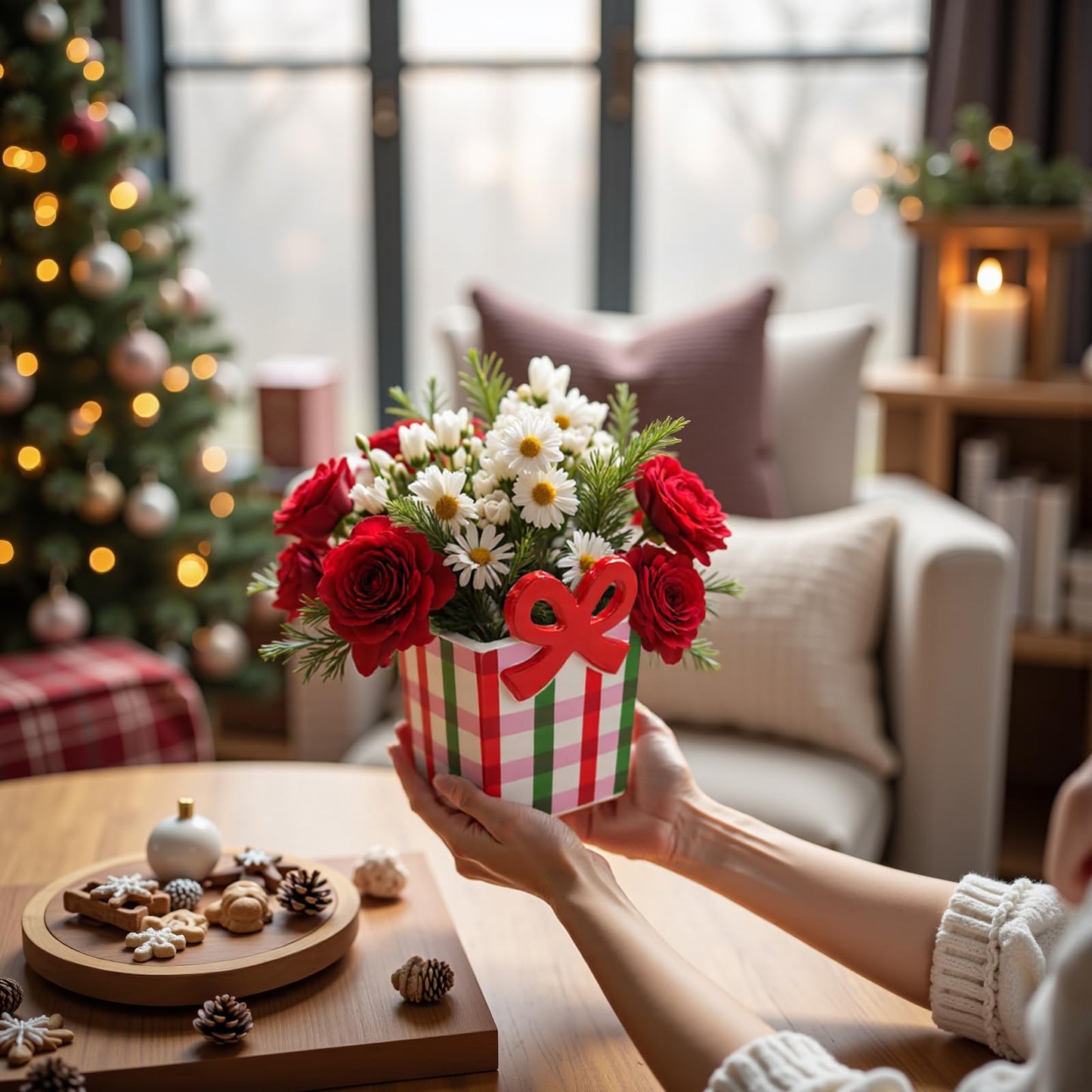 DIF DECO Red Bow Christmas Vase, 6.5 Inch Ceramic Unique Wide Paper Bag Vase, Xmas Cute Holiday Flower Pot for Centerpieces/Home/Living Room/Shelf Table, Modern Decor