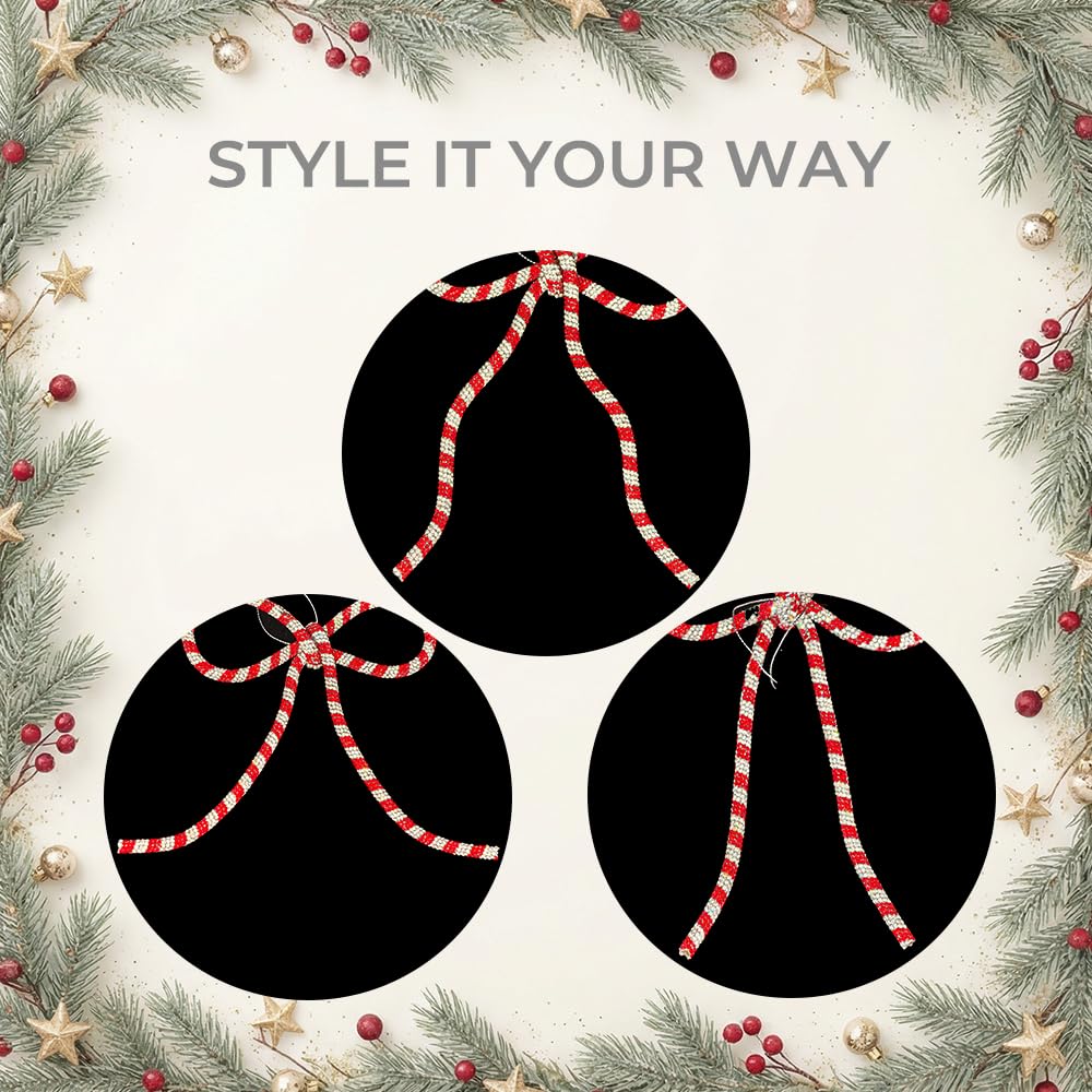 XMIAOX 3 Pcs Handmade Rhinestone Bow Christmas Ornaments, Sparkling Candy Cane Bows for Holiday Tree, Wreath & Gift Wrapping, Reusable Holiday, Home, Party Décor (Red & Silver, Small)