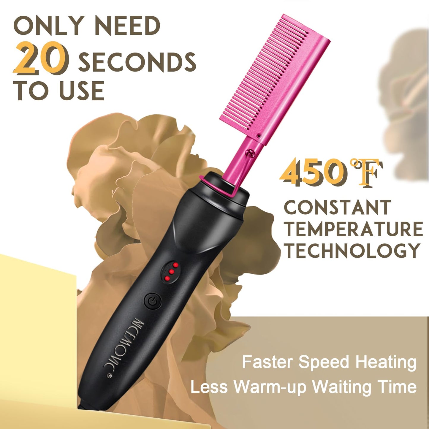 NICEMOVIC Ceramic Heating Hair Straightener Comb - Hot Pressing Brush for Natural Black Hair, Beard Wigs, and Curling (Gold)