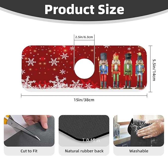 Christmas Snowflake Nutcracker Red 15" X 5.5" Kitchen Sink Splash Guard Faucet