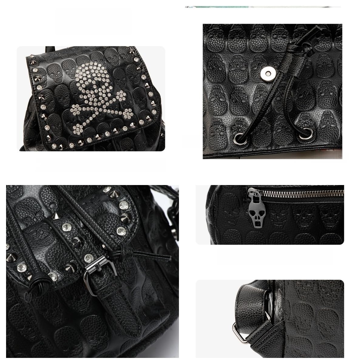 SandraWang ‌Gothic Skull Studded Backpack for Women & Men, Structured PU Leather Punk Bookbag with Drawstring Flap, A4 & Tablet Friendly Alternative Fashion Design