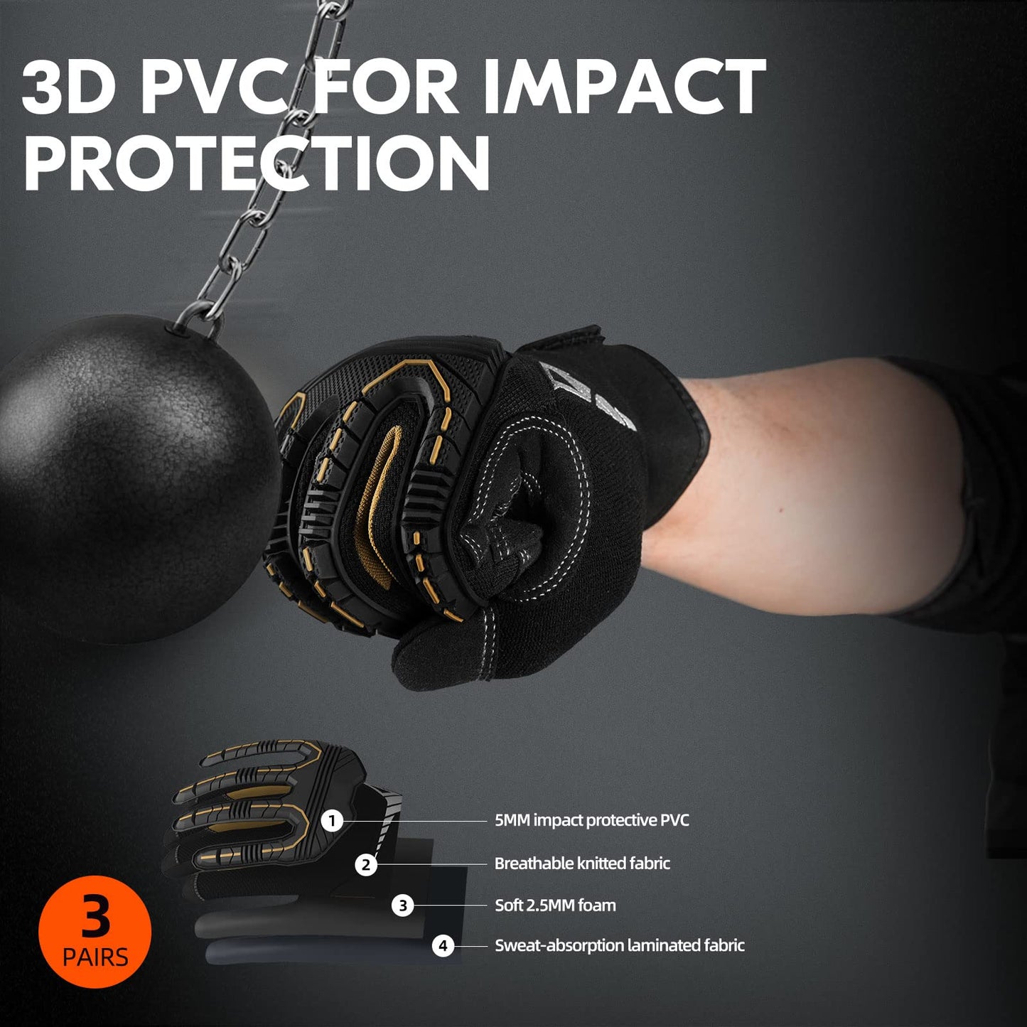 Vgo... 3-Pairs Heavy Duty Synthetic Leather Work Gloves, Impact Protection Mechanic Gloves, Rigger Gloves, Vibration Reduction, Touchscreen Capable (Size XL, Black, SL8849)