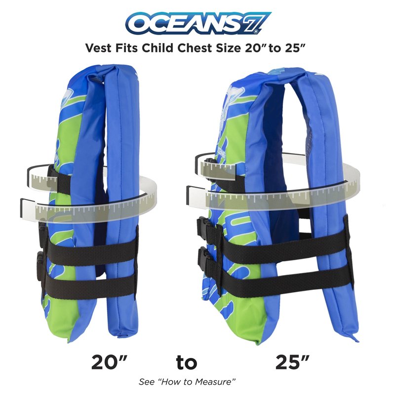 Oceans7 US Coast Guard-Approved, Type III – Kids Life Jacket – Personal Flotation Device with Comfortable Flex-Form-Fit Open-Sided Design – Blue/White