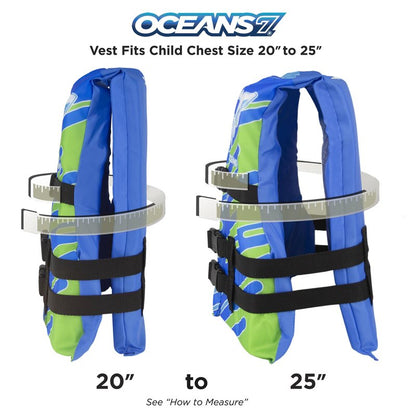 Oceans7 US Coast Guard-Approved, Type III – Kids Life Jacket – Personal Flotation Device with Comfortable Flex-Form-Fit Open-Sided Design – Blue/White