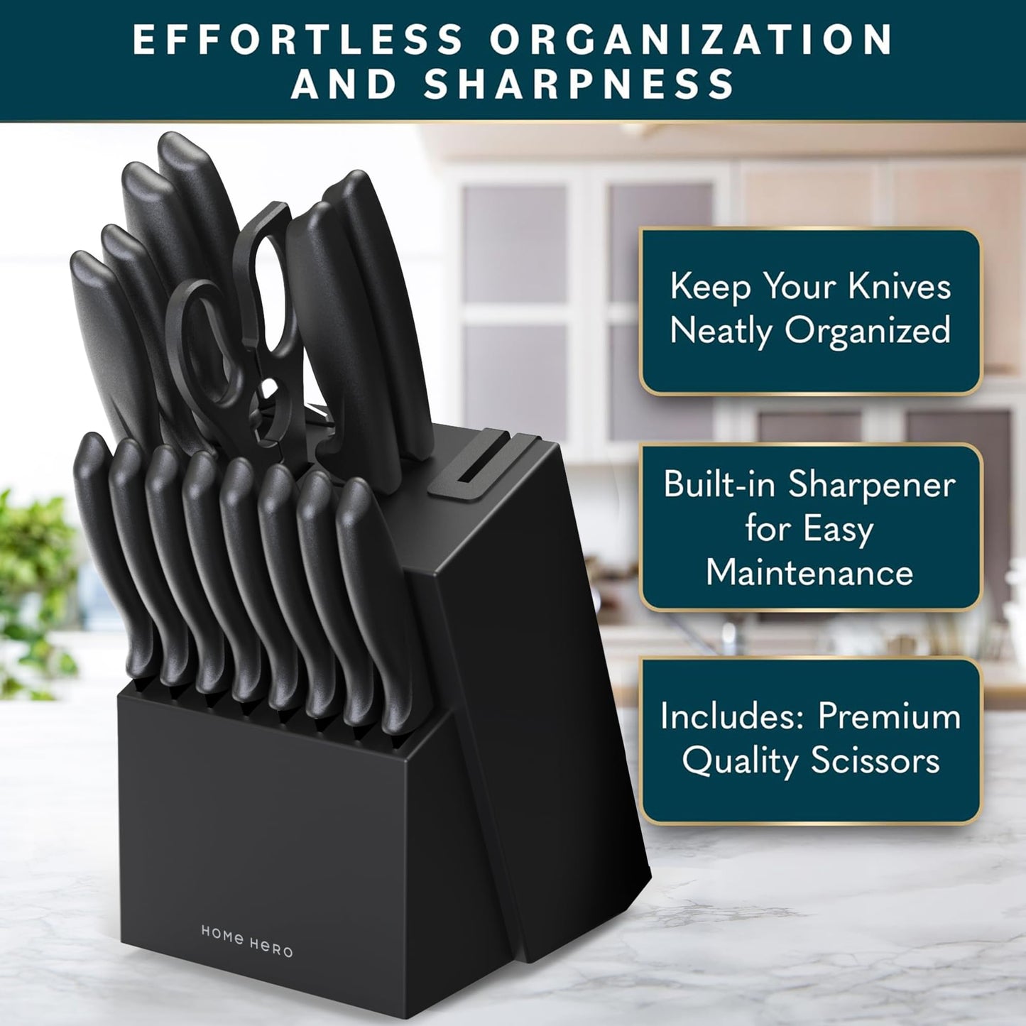 Home Hero Kitchen Knife Set with Sharpener - High Carbon Stainless Steel Knife Block Set with Ergonomic Handles (20 Pcs - Acrylic Black)