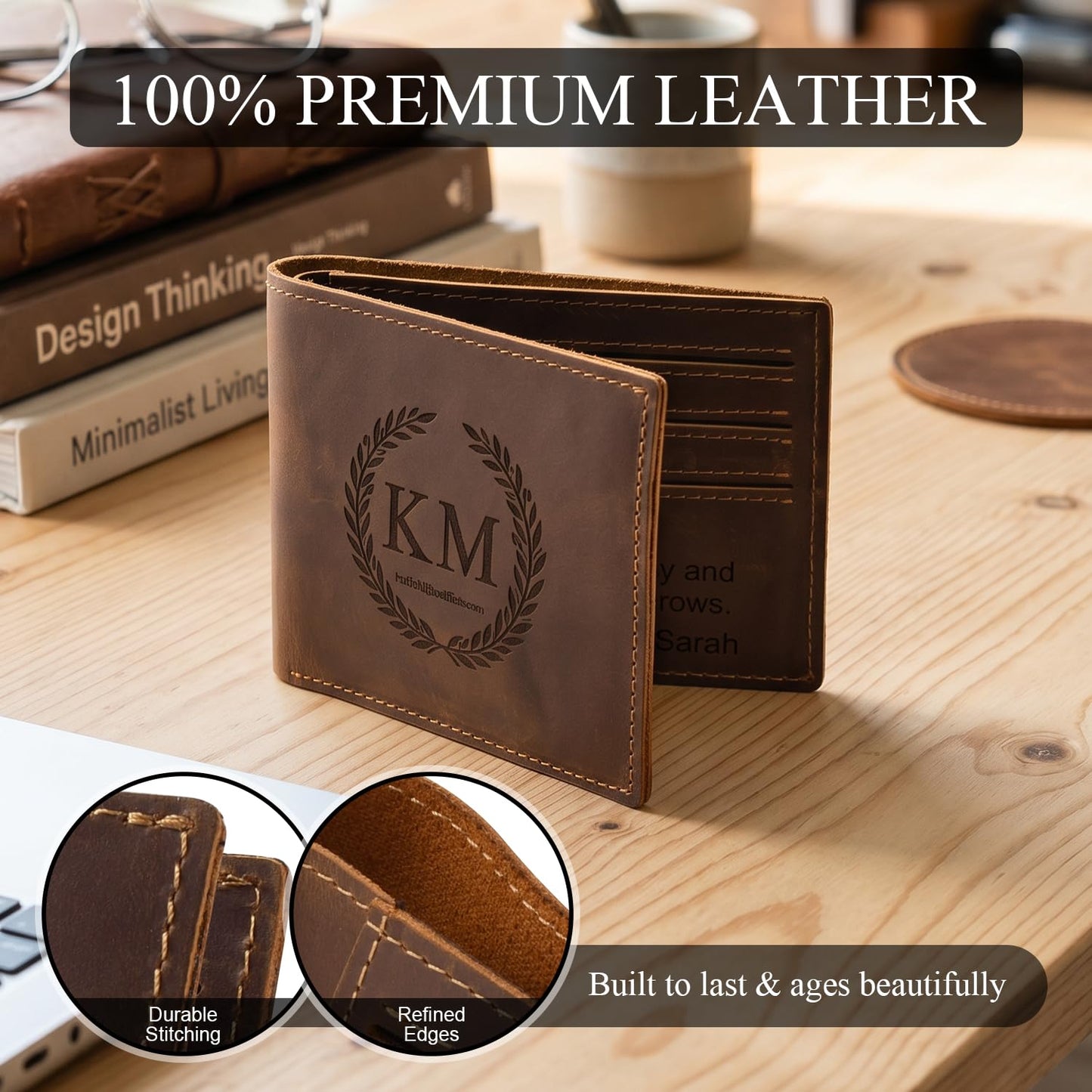 Alomce Personalized Wallet for Men, Custom Engraved Genuine Leather Wallets with Name Initials Pattern – Slim Bifold with 6 Card Slots, 2 Side Pockets & Cash Layer – Ideal Gift for Him Husband Dad