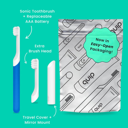 Quip Sonic Toothbrush for Kids with Timer - Includes Extra Brush Head and Travel Cover Mount - Electric, Soft Bristle Refill Head, Rubber Handle, 3 Month Battery Life - Travel Toothbrush - Blue