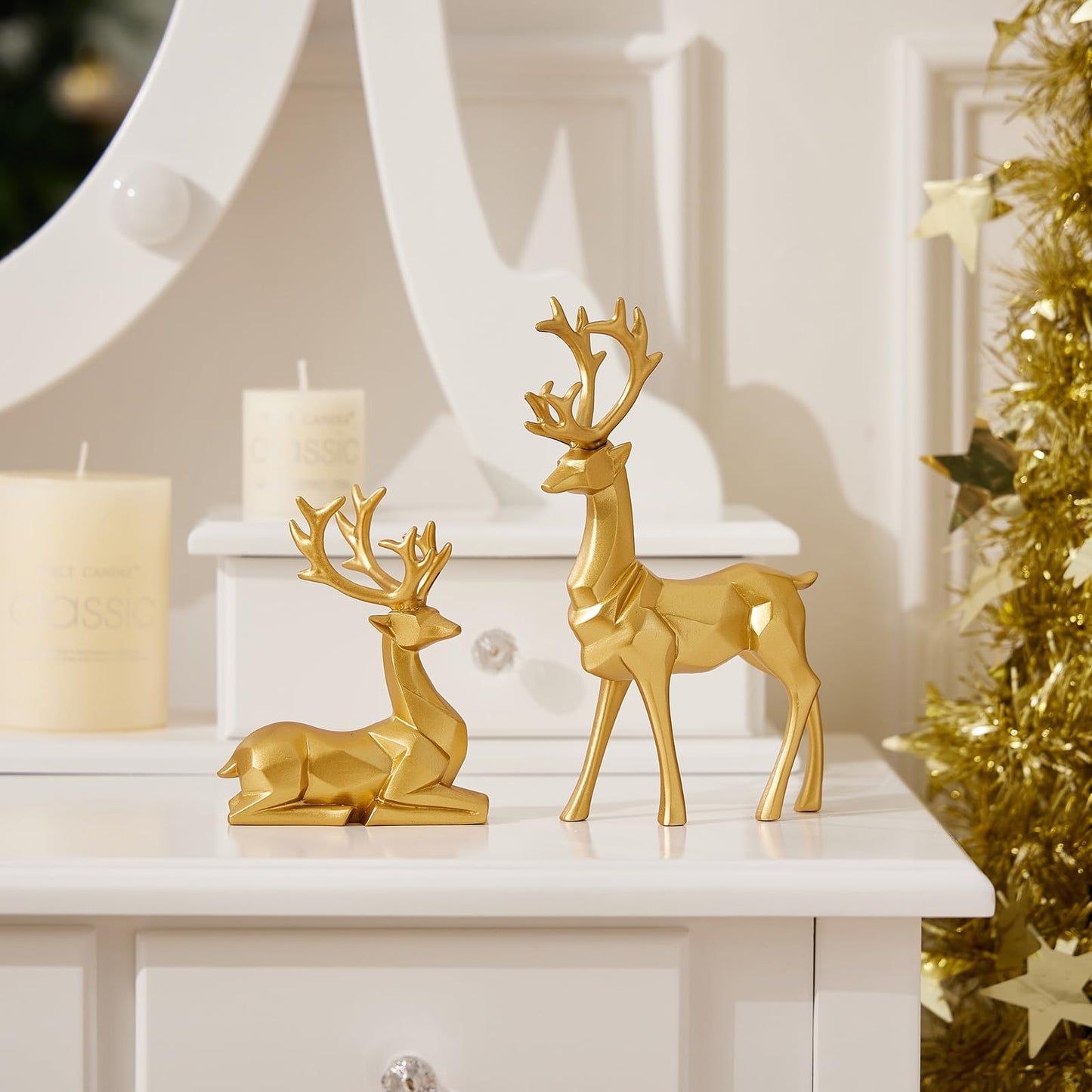 Christmas Decorative Gift 2PCS Deer Sculpture 3D Geometric Deer Ornaments Used to Set Off The Festive Atmosphere Fireplace Dining Table Living Room Decoration (3D Geometry Gold)