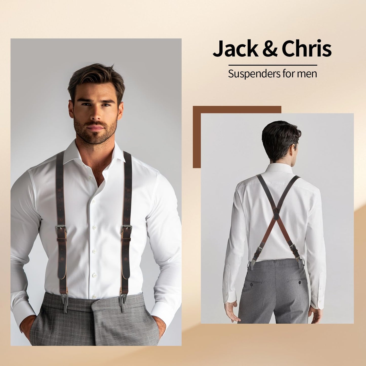 Jack&Chris Genuine Leather X-Shaped Suspenders for Men, Solid 1 Inch Wide Adjustable Heavy Duty Suspenders with Sturdy Clips, Men Accessories For Jeans, Red Brown