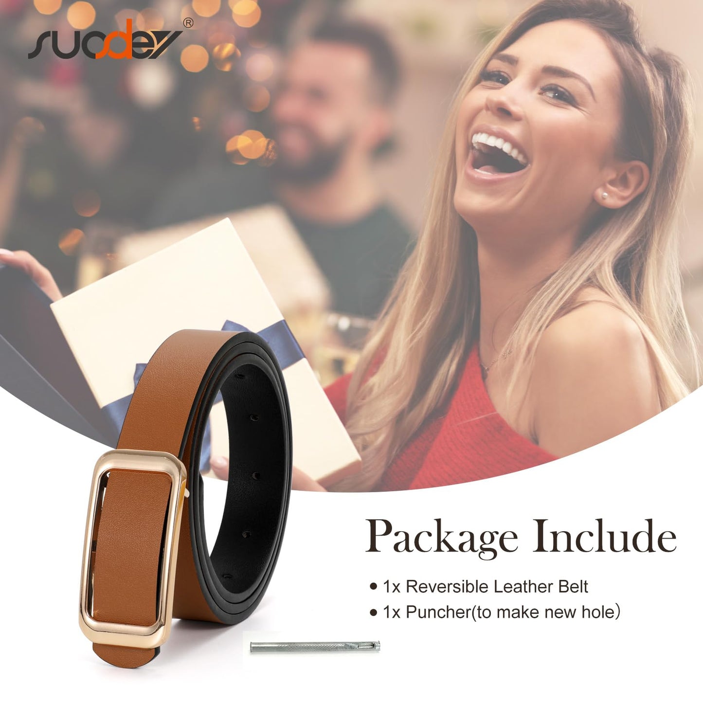 SUOSDEY Women Reversible Leather Belts for Jeans Pants Dresses Ladies Fashion Belts with Gold Buckle,Width 0.9"