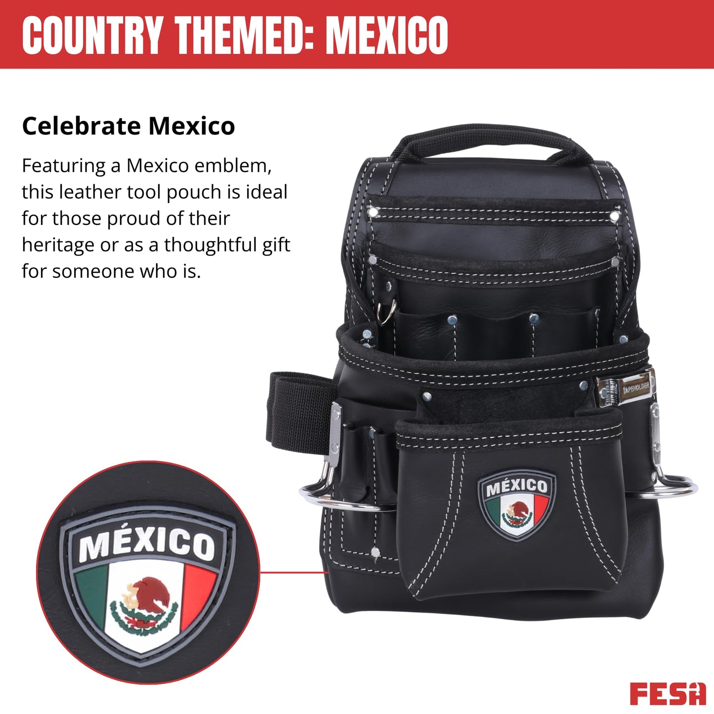FESA Leather Carpenter Tool Pouch - 10-Pocket Heavy Top Grain Leather Carpenter Pouch with 2 Hammer Loops, Large & Small Pockets - Fits Work Belts up to 3" - Handcrafted (Black, Mexico)