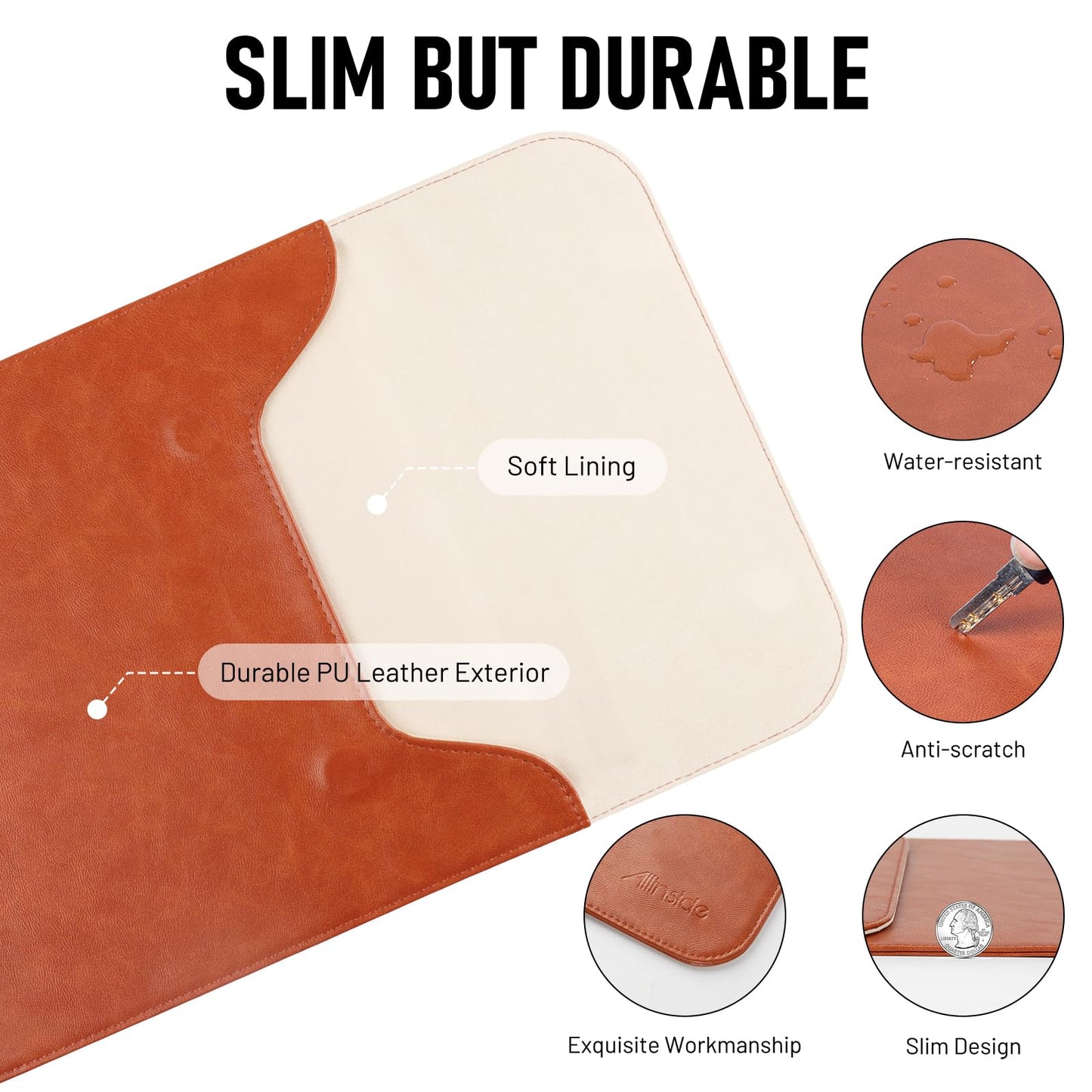 Allinside 13-13.3 inch Laptop Sleeve Case for MacBook Pro 14 2021–2024 (A2918, A2992, A3112, A3401, A3185)/MacBook Air 13 2010-2017/MacBook Pro 13 2010-2015, PU Leather Laptop Case Cover, Brown