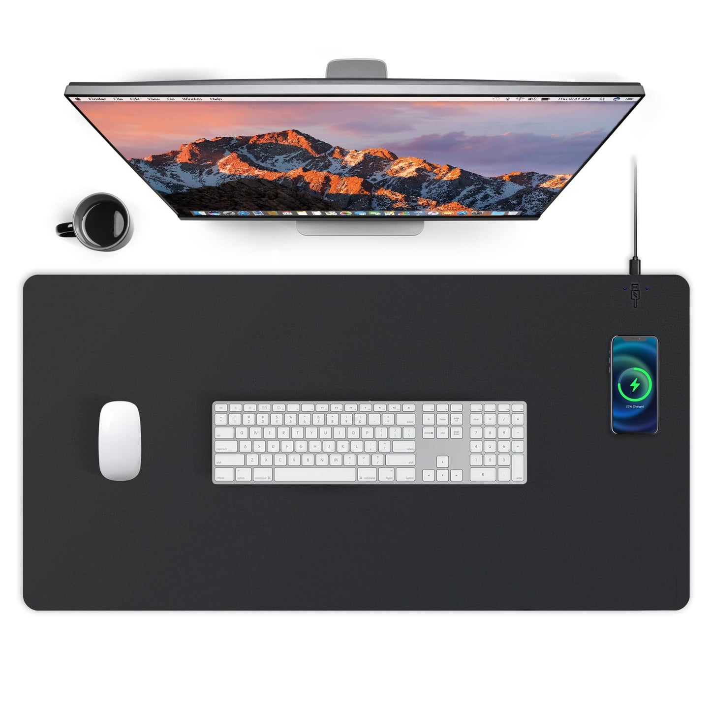 Mouse Pad with Wireless Charging, PU Leather Fast Charging Gaming Mouse Pad, Waterproof Anti-Slip Surface, Easy Clean Office Table Mat, 32L x 16W x 0.15H inches, Black(Right Side Charging Port)